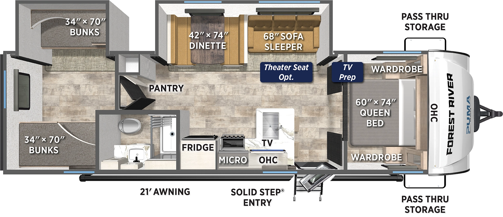 The Puma Tracks 302BHS floorplan has one entry and two slide outs. Exterior features include: fiberglass exterior and 21' awning. Interiors features include: bunk beds and front bedroom.